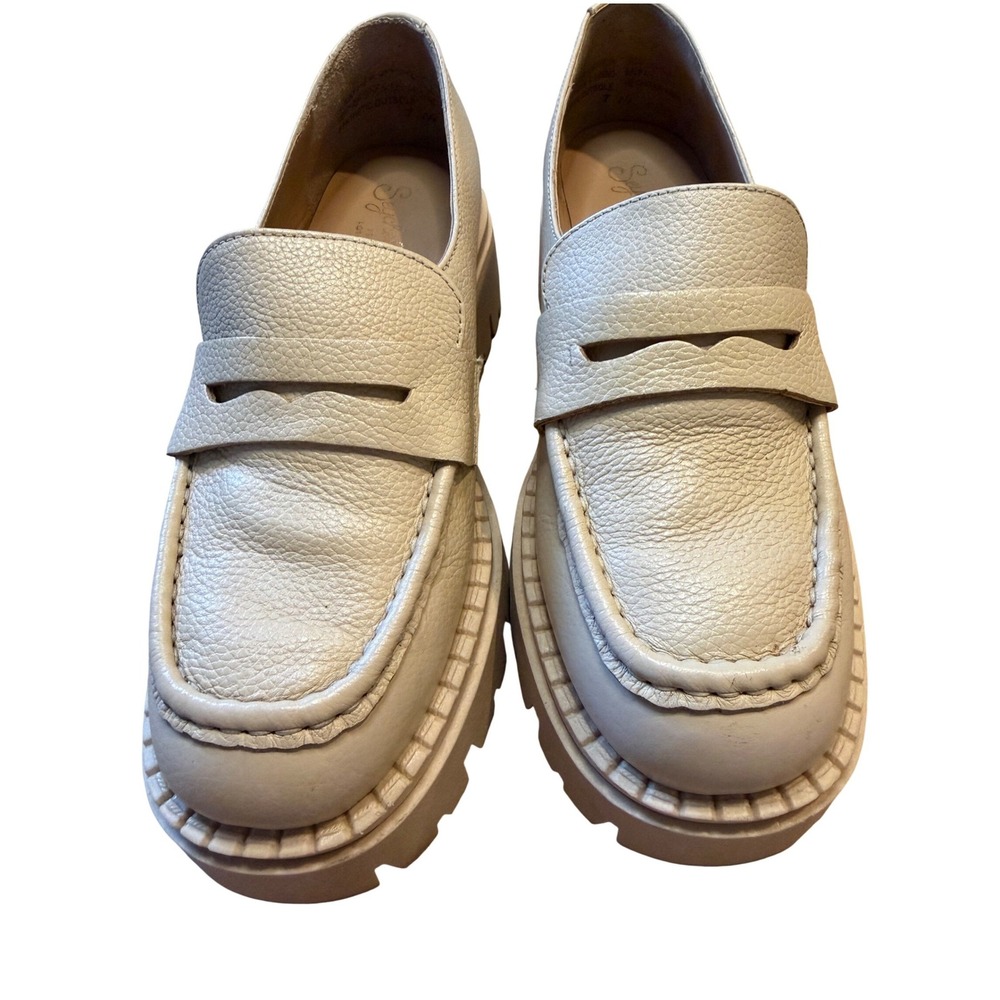 Seychelles Womens Cream Leather Platform Lug‎ Sole Penny Loafers Chunky Shoes